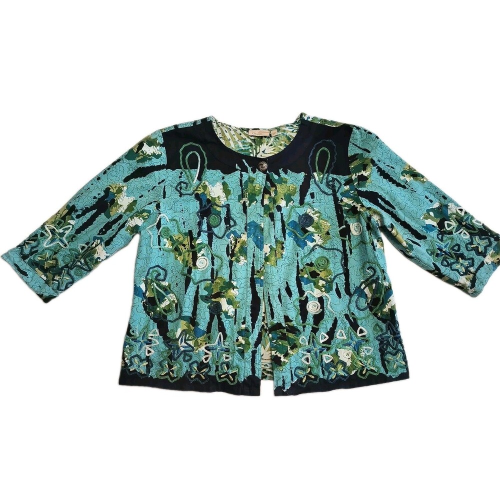 Choices Womens Artsy Embroidered Blazer Jacket Size L Art To Wear 100% Cotton